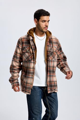 Image of TanBridge Men's Cotton Plaid Shirts Jacket Full Zip Fleece Flannel Sherpa Lined Hoodies Heavyweight Hoodies Jacket for Men
