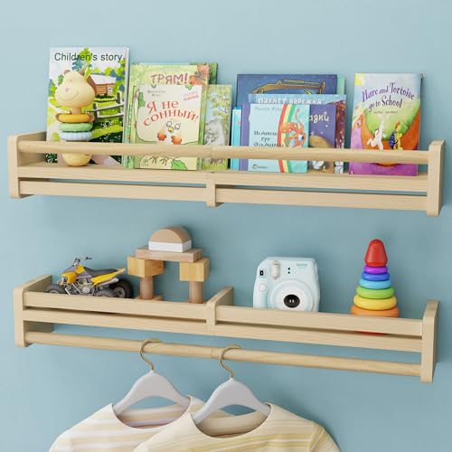 Image of FLYJOE Nursery Floating Shelves with Hanging Rod, 33 Inch Kid's Bookshelves Set of 2, Wall Mounted Baby Clothes Organizer, Kitchen Spice Rack, Picture Ledge Shelf, Natural
