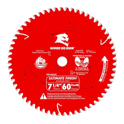Image of Diablo Wood Demon Ultimate Finish Carbide Circular Saw Blade - Ideal for Professional Use and DIYers - 7-1 /4 inch Diameter, 60 Hi-ATB Teeth, 8,000 Max RPM - D0760UXA