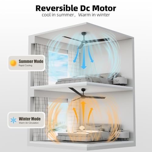 Image of TALOYA 52 inch Modern Ceiling Fan with Lights,Remote Control,3 Metal Blades,Black Finish,6-Speed,Dimmable, Noiseless Reversible DC Motor,Indoor /Outdoor Ceiling Fan for Living Room Bedroom patio