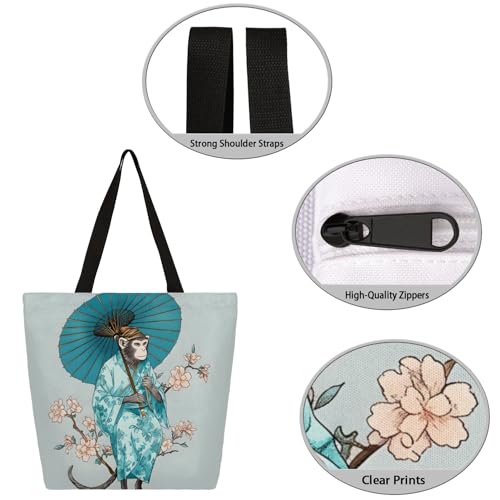 Watercolour Tree Branch Flower Monkey Umbrella Large Capacity Canvas Tote Bag Stylish Handheld Shoulder Bag Reusable Shopping Bag for Work Travel Beach Trips Shopping3
