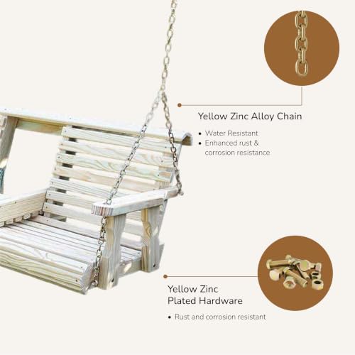 Image of Porchgate Amish Heavy Duty Console Porch Swing with Fold Down Cup Holders in Unfinished - Amish Made in The USA from Treated Pine, Hanging Chains Included
