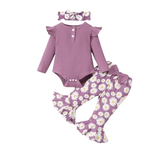 Image of Kislio Newborn Baby Girls Clothes Ribbed Ruffled Romper+Floral Pants+Headband Infant Outfit Set