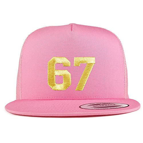 Trendy Apparel Shop Number 67 Gold Thread Embroidered Flat Bill 5 Panel Trucker Cap - Pink