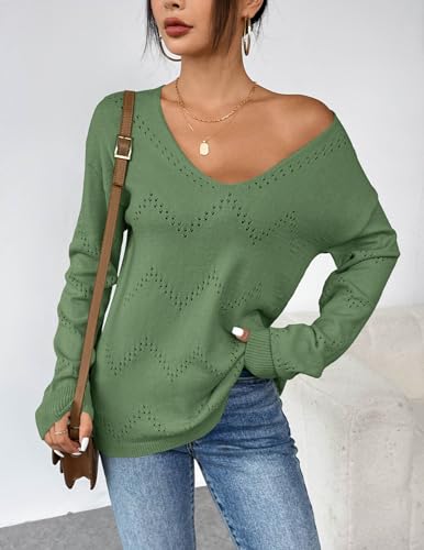 Image of Zeagoo Womens Sweaters Fall Trendy Casual Long Sleeve Shirt Lightweight V Neck Off Shoulder Crochet Pullover Top Outfit