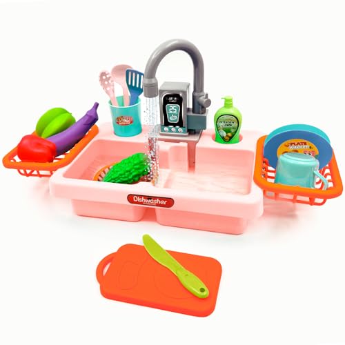 Acelane Lavello Giocattolo per Bambini con Rubinetto Elettrico a Riciclo Acqua, Mini Lavaverdure Giochi, Set Gioco di Ruolo con Verdura, Giochi di Ruolo Educativi per Bambini (rosa)