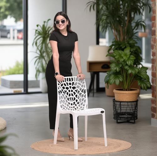 Image of Web Plastic Chair Living Room Without Arm Chair (Jali) Gloss Finish Chair Home, Office, Restaurant, Cafe, Garden, Stackable Chair (2, White, Standard)