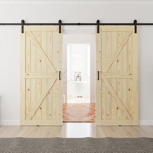 SMARTSTANDARD 28x84 inch Double Barn Door with 10ft Sliding Barn Door Hardware Kit Included, Unfinished Solid Spruce Wood, A Simple Assembly is Requir