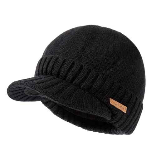 TOP-EX Herren mütze Merino Wollmütze Damen Beanie mit Schirm Wintermütze Warm Strickmütze mit Fleecefutter hat Wasserdicht Winddicht Wolle hat Fahrrad Ski Outdoor große Köpfe M/L schwarz