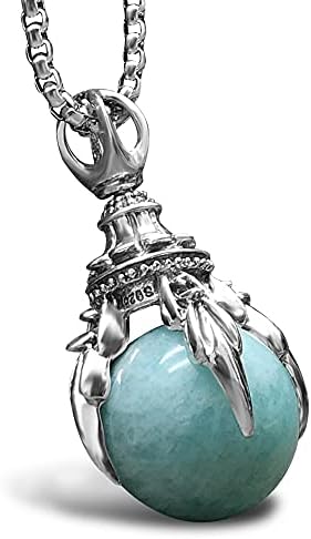 Bahamut Dragon Claw Natural Amazonite Gemstone Healing Crystal Ball Stone Sterling Silver Pendant Necklace for Men Woman,Goth Punk Jewelry Chain