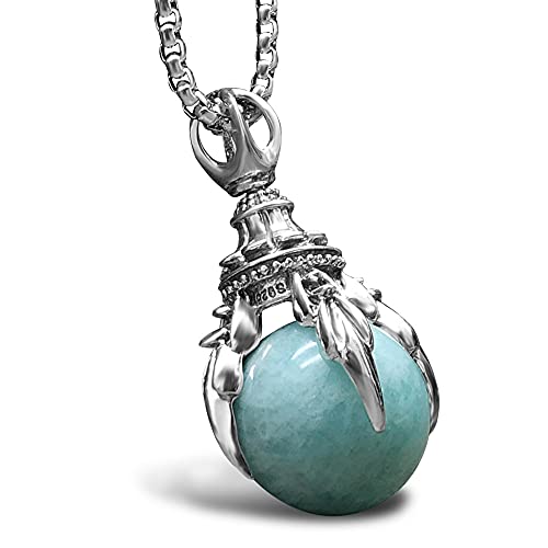 Bahamut Dragon Claw Natural Amazonite Gemstone Healing Crystal Ball Stone Sterling Silver Pendant Necklace For Men Woman,Goth Punk Jewelry Chain #TOP3