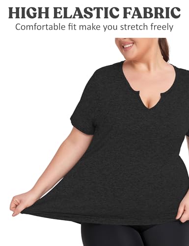 FOREYOND Plus Size Workout Tops for Women Short Sleeves V-Neck Yoga Shirts Loose Fit Athletic Gym Clothing Summer4