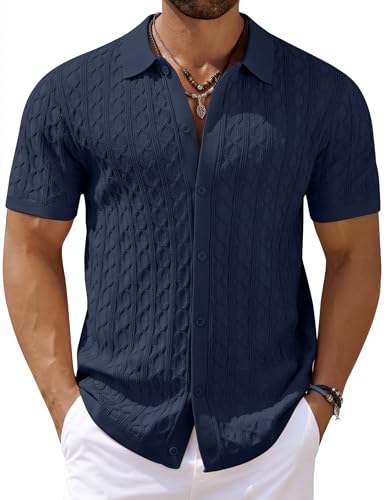 COOFANDY Mens Navy Blue Casual Waffle Knit Shirts Button Up Short Sleeve Shirts Beach Summer Wedding Dress Shirt Loose Fit