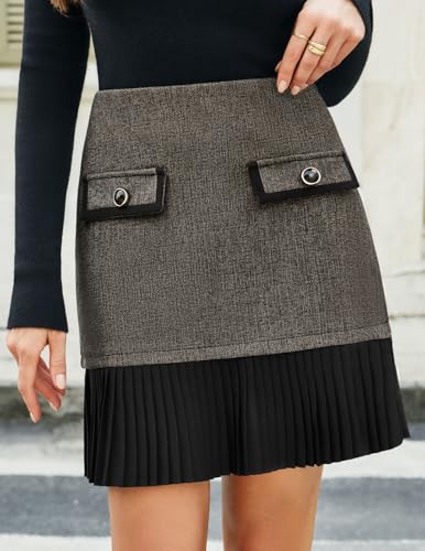 Kate Kasin Women's Skirt, Pleated A-Line Fall Skirt, High Waist Mini Skirts(Gray Herringbone, Medium) — view 2