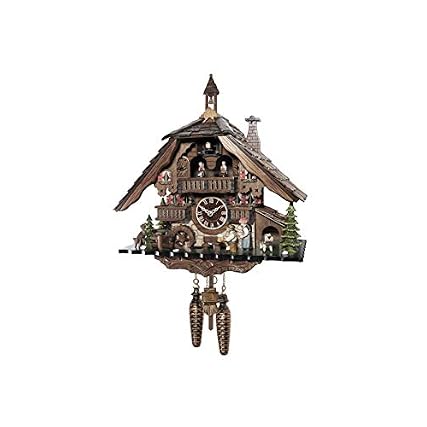 Engstler Quartz Cuckoo Clock Black Forest House with Music and Dancers, Turning Mill Wheel, The