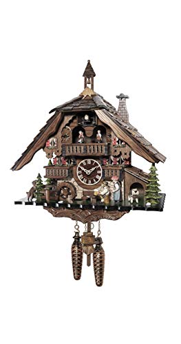 Engstler Quartz Cuckoo Clock Black Forest House with Music and Dancers, Turning Mill-Wheel, The beerdrinker and The Black Forest Girl Lift Their arm