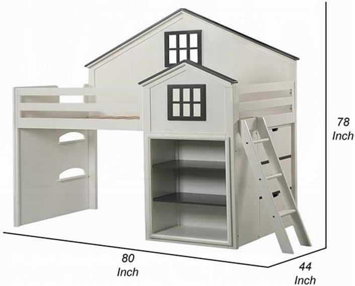 Pemberly Row Twin Loft Bed, House Design w/Built-in Bookshelf, 80 x 44 x 78 in, Wood/Composite, White/Gray Finish, 2 Black Glass Shelves, Removable Ladder, Whimsical Kids Bedroom Furniture