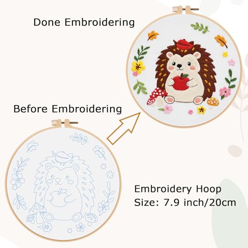 Image of Louise Maelys Hedgehog Embroidery Kit, Cross Stitch Kit for Beginner | Animal Embroidery Starter Kit With Stamped Fabric, Hoop, Threads, Needles And Instructions For Adults,Easy Needlepoint,Gifts