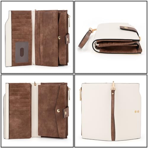 Image of UTO Wallet Women Vegan Leather Wristlet Snap Long Purse Credit Card Holder Elegant Clutch, 0459 Beige with Brown, Large, Compact