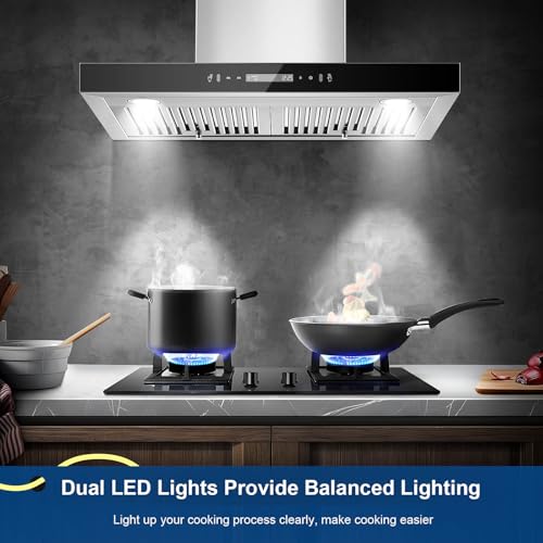 Image of Wall Mount Range Hood 30 inch 600 CFM T Shape with Gesture & Touch Control, Kitchen Vent Hood Ducted /Ductless Convertible, Exhaust Fan 3-speed Stove Hood, Baffle Grease Filter, Stainless Steel