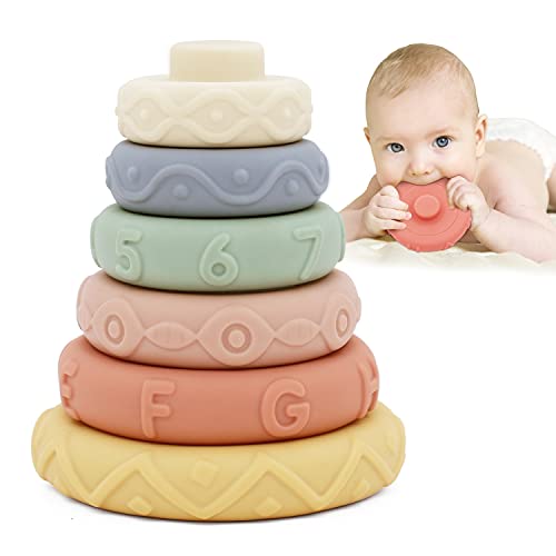 Image of MARUMINE 6PCS Stacking Cricle Toys, Nesting & Building Rings Stacker, Soft Silicone Squeeze Teethers Play Set, Early Educational Learning Stacking Tower for 6+ Months Baby Boys Girls