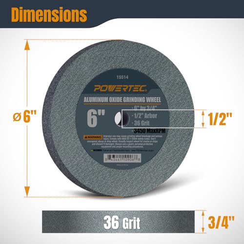 Image of POWERTEC Bench Grinder Wheel 6 Inch 36 Grit, Aluminum Oxide Grinding Wheel for Bench Pedestal Grinder, 3 /4 inch Thick 1 /2 inch Arbor, Sharpening & Shaping Drill Bits, Blade, and Chisel 2PK (15514-P2)