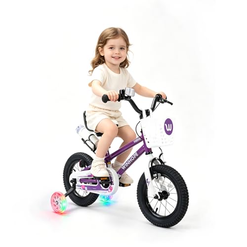 Image of WinHope 12-18 Inch Kids Bike with Light up Training Wheels for Boys Girls | Dual Brake Bicycle with Basket Adjustable Seat Water Bottle for Summer Riding Birthday Gift for Toddler 2-9 Years