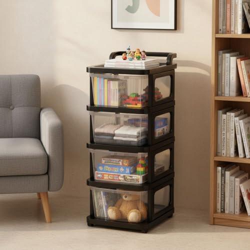 Image of Aliensware 4Layer Plastic Storage Drawer Organizer with Wheels, Modular Cabinet for Home, Office, School, Hospital, Parlor, Morden Kitchen,Clothes, Toys Organiser for Kids Room-Aliens-Clear Black