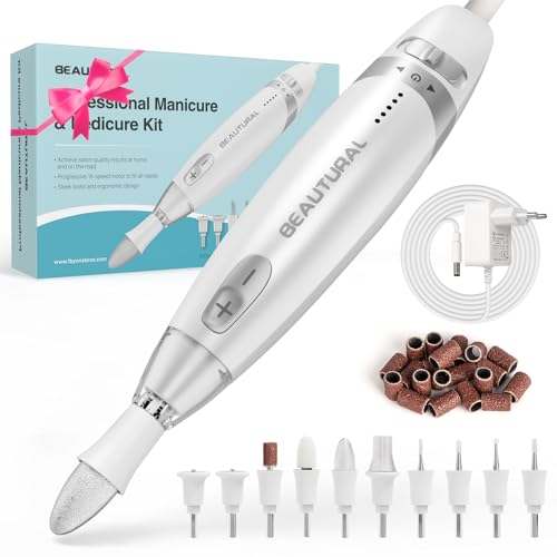 BEAUTURAL Torno para Uñas Profesional, Set Manicura Eléctrico con 10 Accesorios, 20 Bandas Abrasivas, Estuche y Luz LED