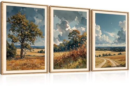 Image of KAIRNE Vintage Country Landscape Framed Canvas Wall Art,Watercolor Pastoral Tree Wall Decor,Neutral Fall Scenery Art Prints,Retro Field Wilderness Artwork for Living Room,Bedroom,Farmhouse-16 x24 x3