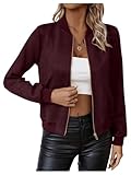 SweatyRocks Women's Faux Suede Short Bomber Jacket Coat Stand Collar Lightweight Zip Up Fashion Outerwear Tops Burgundy Medium