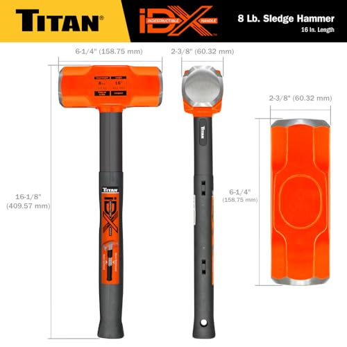 Image of Titan iDX 63618 8lb Sledge Hammer with 16 inch Indestructible Handle Reinforced with Steel Locking Plates & Steel Bars, Vulcanized Rubber Grip, Oevrstrike Protection