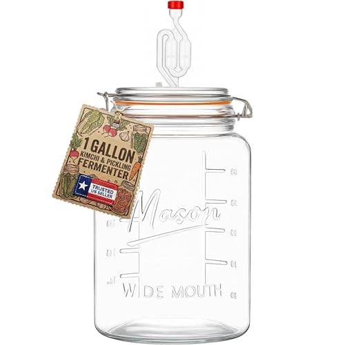 kitchentoolz 1-Gallon Mason Glass Fermenting Jar with Airlock Lid – Wide Mouth with Ounce & Milliliter Markings for Mead, Kombucha, Beer, Wine & Pickling
