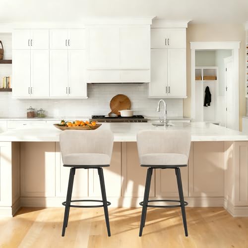 Image of 28 inch Swivel Bar Stools Set of 2, Counter Height Bar Stools, Upholstered Modern Design with Back and Footrest, Fitting for Kitchen Island and Dining Room