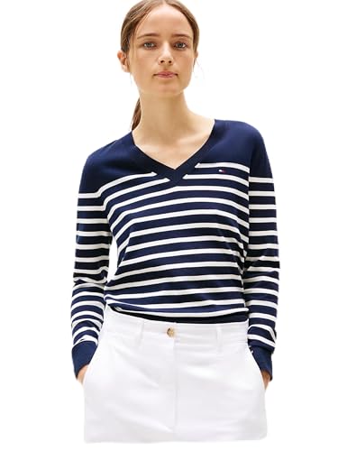 Tommy Hilfiger Damen Pullover Jersey Stitch V-Neck Strickpullover, Mehrfarbig (Her STP Dark Night Navy/Country Iv), S