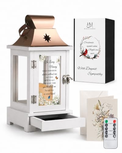 HugMemories Memorial Lantern with Drawer for Keepsakes, Bereavement Sympathy Gifts for Loss of Loved One Mother Father, Sympathy Lantern Funeral Gifts in Memory of Loved One