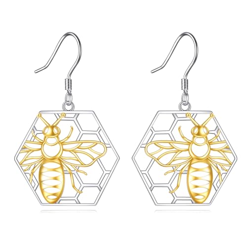 Image of LUHE Bee Earrings for Women 925 Sterling Silver Bumble Earrings with Honeycomb Honeybee Jewelry Dangle Gifts for Women