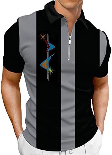 Ecosunny Men's Short Sleeve Polo Shirt Retro Geometric Printed Golf Shirts Zip Up Casual Slim Fit Athletic T-Shirts