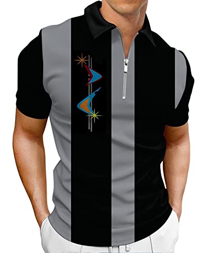 Ecosunny Men's Short Sleeve Polo Shirt Retro Geometric Printed Golf Shirts Zip Up Casual Slim Fit Athletic T-Shirts #TOP13
