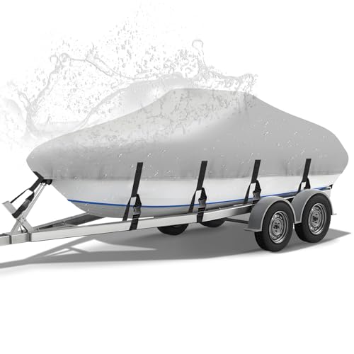 NEVERLAND Boat Cover 17-19 ft 600D Waterproof Boat Covers Fits Bass, V-Hull, Tri-Hull, Fish & Ski, Runabout Bowrider Boat, 17' 18' 19' feet Heavy Duty Canvas Trailerable Boat Cover Gray