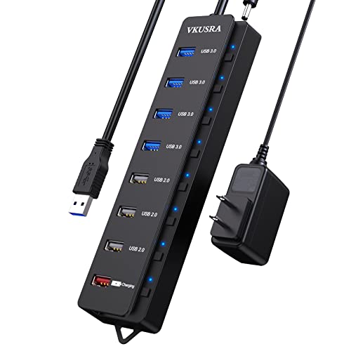 Powered-USB-Hub-VKUSRA-8-Port-USB-Data-Hub-4-USB-30-Ports-3-USB-20-Ports-1-Smart-Charging-Port-with-Individual-OnOff-Switches-Compact-USB-Hub-USB-Splitter-for-Laptop-with-Power-Adapter
