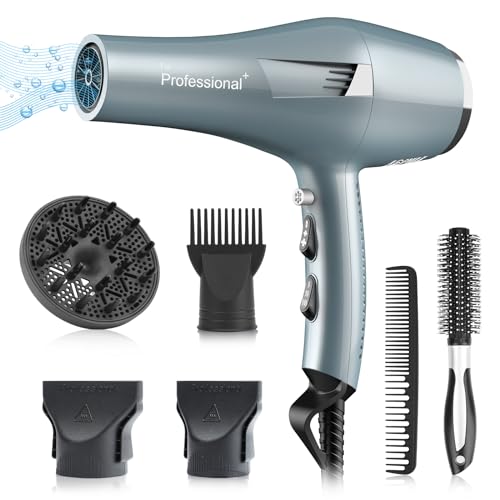 Professional Ionic Hair Dryer with AC Motor - Fast Drying, 2 Speeds, 3 Heat Settings, Diffuser, and Concentrator Comb - Blue
