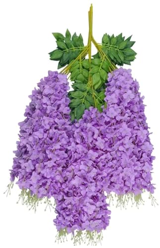 Image of 6 Pcs Artificial Polyester Hanging Flower Wisteria Vines Fake Flowers Vines for Home Party Wedding Garden Outdoor Greenery Decoration (6, Purple)