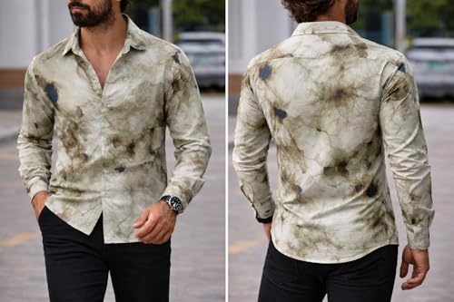 Image of Men's Regular Fit Button Down Dress Shirts, Textured Long Sleeve Casual Hawaiian Shirt