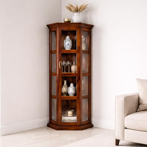 Image of SONA ART & CRAFTS Astro Sheesham Wooden Crockery Cabinet with Glass Door | Solid Wood Multipurpose Storage Cabinets for Living Room Home & Kitchen | Book Shelf Wooden - Natural Finish