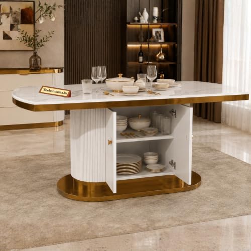Image of 6-Seater Modern Elite Opal Storage Wooden Dining Table Set | 2 Year Warranty | Created Italian Statuario Marble Top | Elegant Composite Marble Table with 6 Chairs (Sea Green)