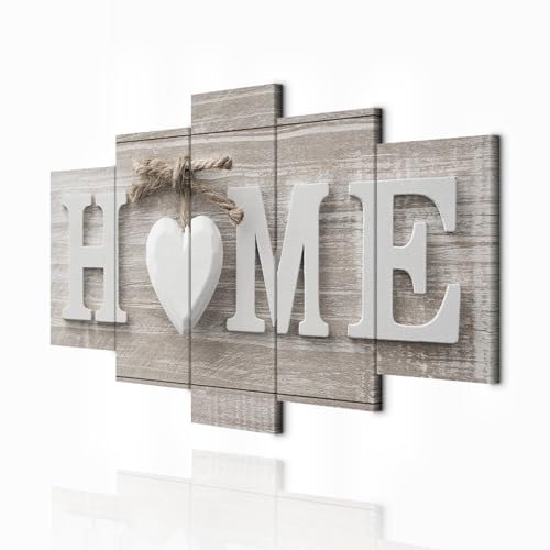 decomonkey Bilder Home Haus 200x100 cm XXL 5 Teilig Leinwandbilder Bild auf Leinwand Wandbild Kunstdruck Wanddeko Wand Wohnzimmer Wanddekoration Deko Herz beige
