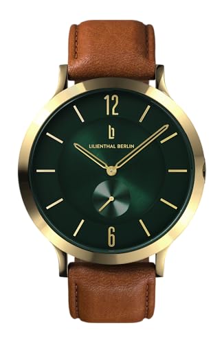 Lilienthal Berlin Herrenuhr The Classic in Gold Green Armbanduhr am hellbraunen Leder-Armband aus Chirurgenstahl mit einem Quarzuhrwerk & saphirgehärtetem Mineralglas 42 5 mm