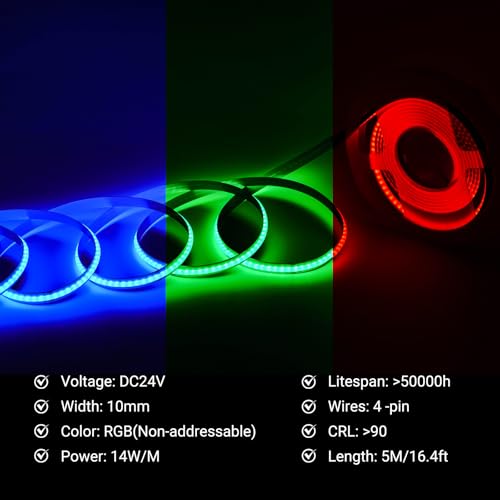 Tira LED RGB COB 24V 16.4 pies 10mm 4 cables sin puntos miniatura 2
