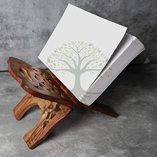 Image of Naayaab Craft Handmade & Handcraft Sheesham Wooden Book Holder Display Stand | Folding Religious Prayer Free Reading Stand with Intricate Carvings| Rehal for Religious Holy Books - Size 13 inch